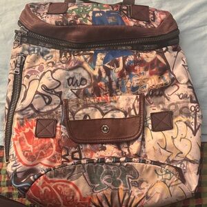 Rare LeSportsac Graffiti Print Backpack with Brown Leather Trim